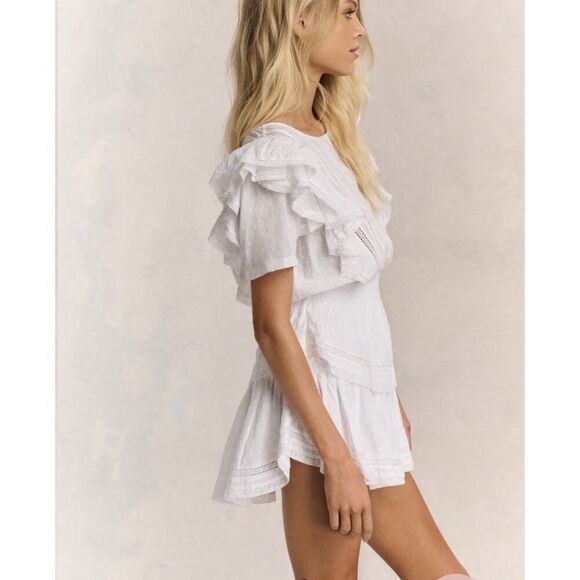 Love Shack Fancy Cotton Natasha Heritage Mini Dress White Ruffle Lace Size L 10 - Picture 2 of 16
